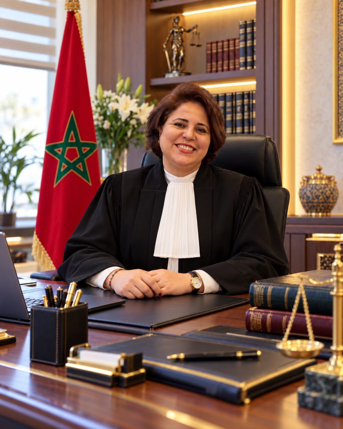 Maître Atika Ellouaziri en robe d'avocate, à son bureau
